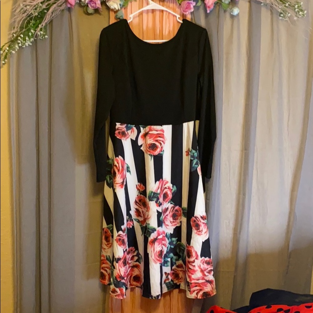 Striped white and black dress with flowers